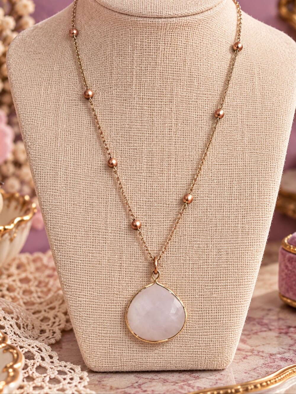 Rose Gold Tone Blush Pink Teardrop Pendant Necklace – Adjustable 35”